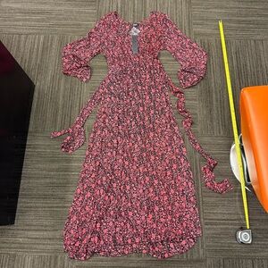 Spy Zone Exchange Floral Maxi Long Sleeve Dress Tie Waist V Neck A Line